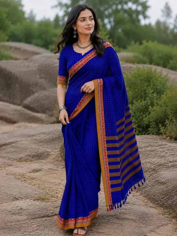 Royal_Blue_Narayanapet_Pure_Cotton_Small_Checks_Saree_For_Women_Blouse_Piece_Same_Saree_Color_For_Women