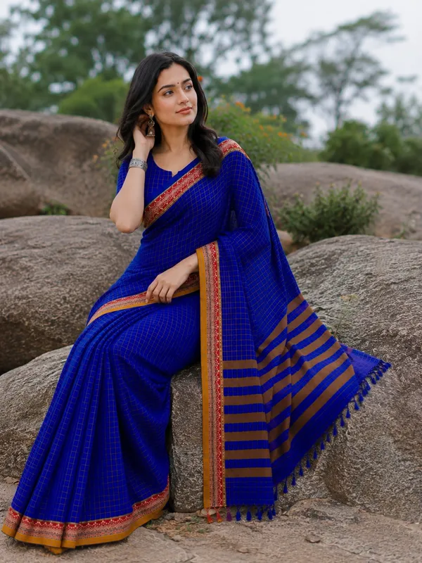 Royal_Blue_Narayanapet_Pure_Cotton_Small_Checks_Saree_For_Women_Blouse_Piece_Same_Saree_Color_For_Women