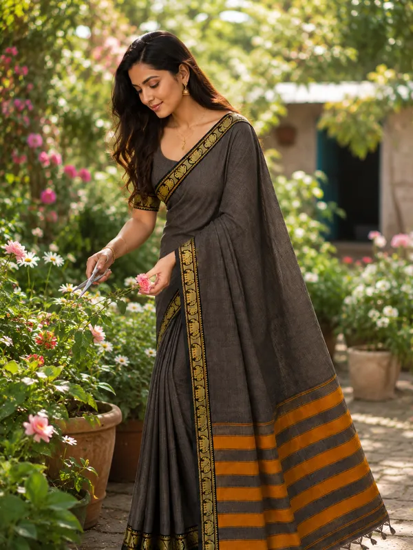 Dual_Tone_Charcol_Grey_Elephant_Small_Border_With_Golden_Zari_Narayanpet_Pure_Handloom_Cotton_Sarees_With_Running_Blouse_Piece_For_Women