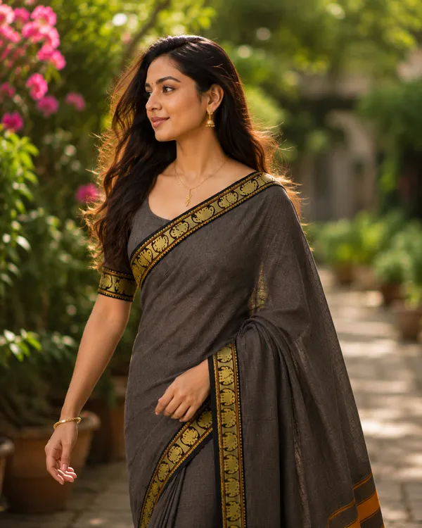 Dual_Tone_Charcol_Grey_Elephant_Small_Border_With_Golden_Zari_Narayanpet_Pure_Handloom_Cotton_Sarees_With_Running_Blouse_Piece_For_Women