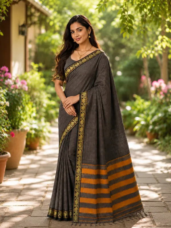 Dual_Tone_Charcol_Grey_Elephant_Small_Border_With_Golden_Zari_Narayanpet_Pure_Handloom_Cotton_Sarees_With_Running_Blouse_Piece_For_Women