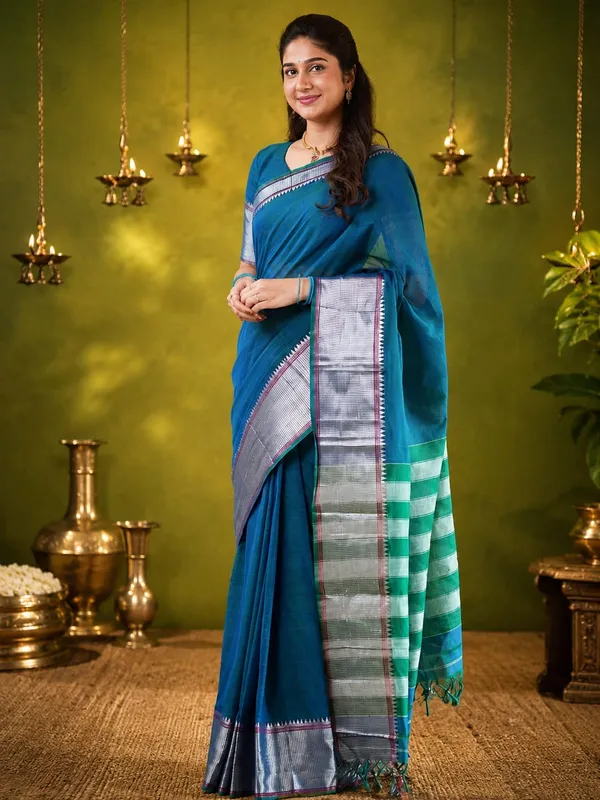Sahitya_Rama_Blue_Narayanpeth_Pure_Cotton_Saree_With_Running_Blouse_Piece_Same_As_Saree_Color_For_Women
