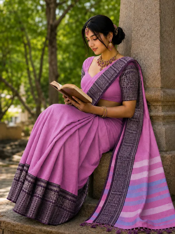 Baby_pink_Cotton_Silk_Saree_With_Black_Woven_Border_For_Women