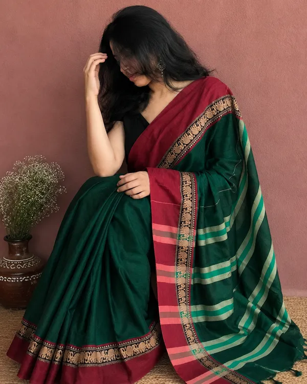 Brindha_Green_Elephant_Border_Traditional_Handloom_Pure_Mercerized_Cotton_saree_With_Running_Blouse_For_Women_