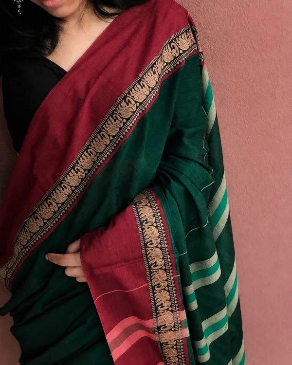 Brindha_Green_Elephant_Border_Traditional_Handloom_Pure_Mercerized_Cotton_saree_With_Running_Blouse_For_Women_