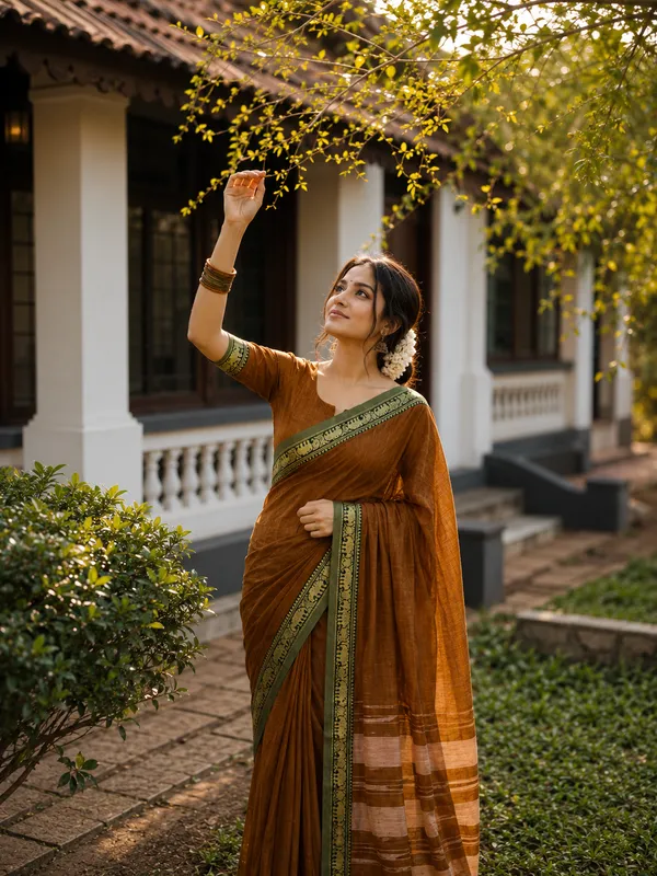 Dual_Tone_Brown_Elephant_Small_Border_Narayanpet_Pure_Handloom_Cotton_Saree_With_Running_Blouse_Piece_For_Women