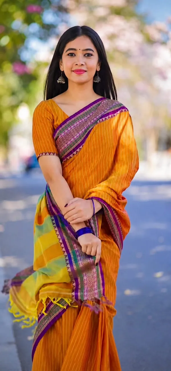 Anuradha_orange_Linning_Pattern_Authentic__Narayanpet_Pure_Masarai__cotton_saree_With_Running_Blouse_Piece_For_Women