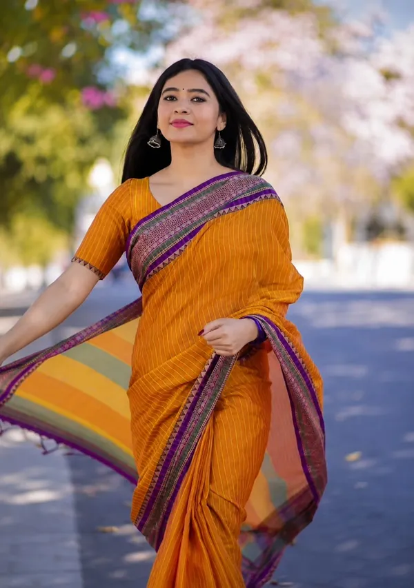 Anuradha_orange_Linning_Pattern_Authentic__Narayanpet_Pure_Masarai__cotton_saree_With_Running_Blouse_Piece_For_Women
