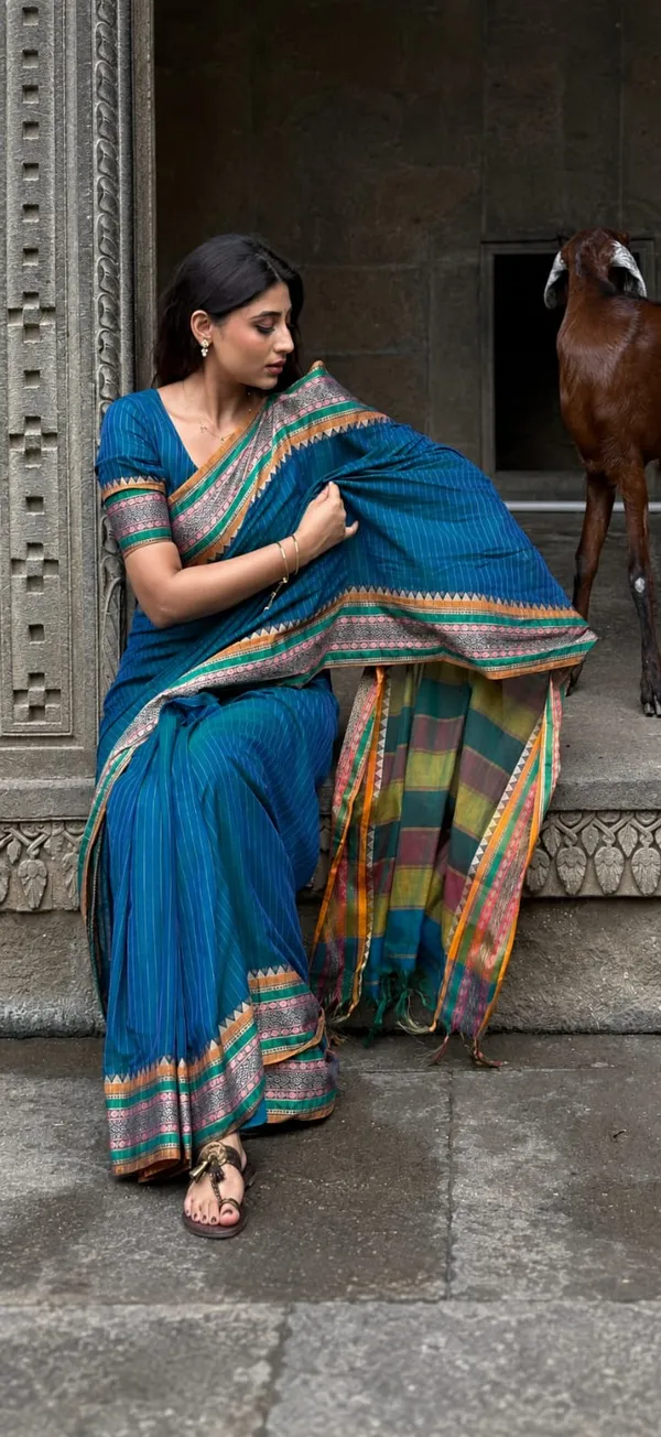 Anuradha_Blue_Linning_Pattern_Authentic_Narayanpet_Pure_Cotton_Saree_Masarai_Cotton_With_Running_Blouse_Piece_For_Women