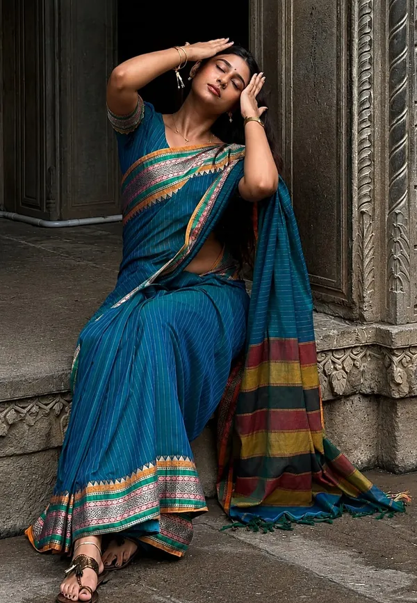 Anuradha_Blue_Linning_Pattern_Authentic_Narayanpet_Pure_Cotton_Saree_Masarai_Cotton_With_Running_Blouse_Piece_For_Women
