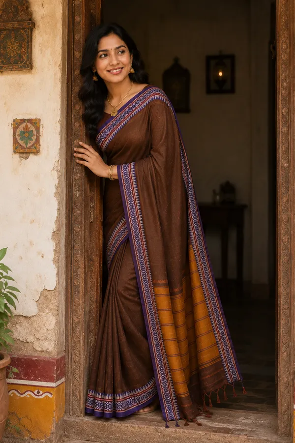 Rich_Brown_Small_Border_Narayanpet_Pure_Handloom_Cotton_Sarees_With_Running_Blouse_Piece_For_Women