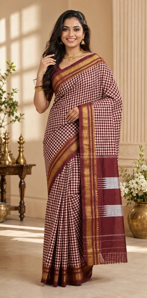 Ilakal_Small_Tam_Tam_Checks_Maroon_Cotton_Silk_Saree_With_Tope_Teni_Pallu_Original_Quality_For_Women