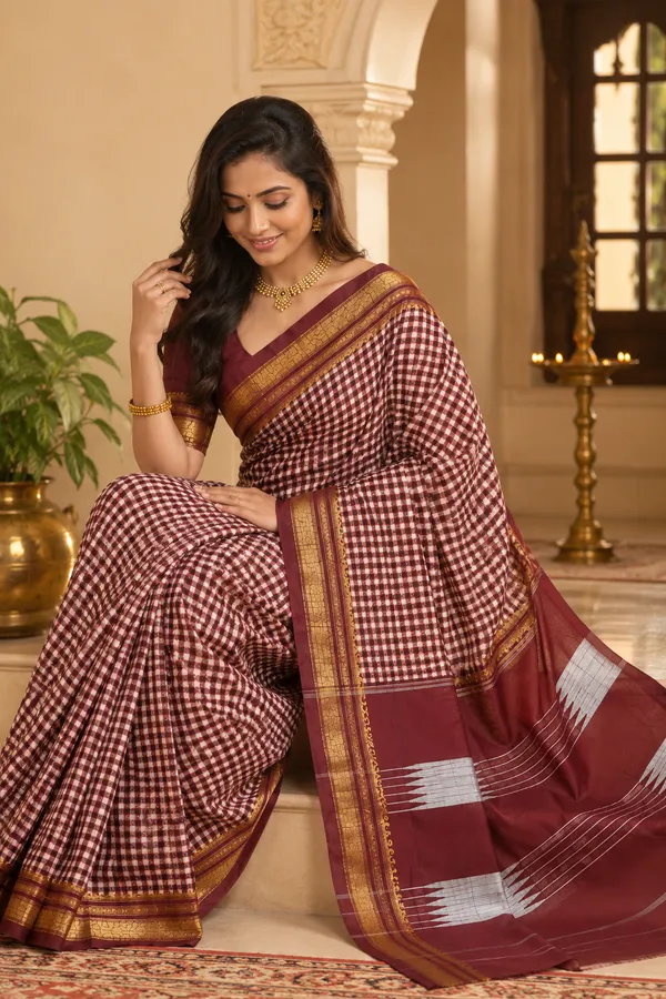 Ilakal_Small_Tam_Tam_Checks_Maroon_Cotton_Silk_Saree_With_Tope_Teni_Pallu_Original_Quality_For_Women