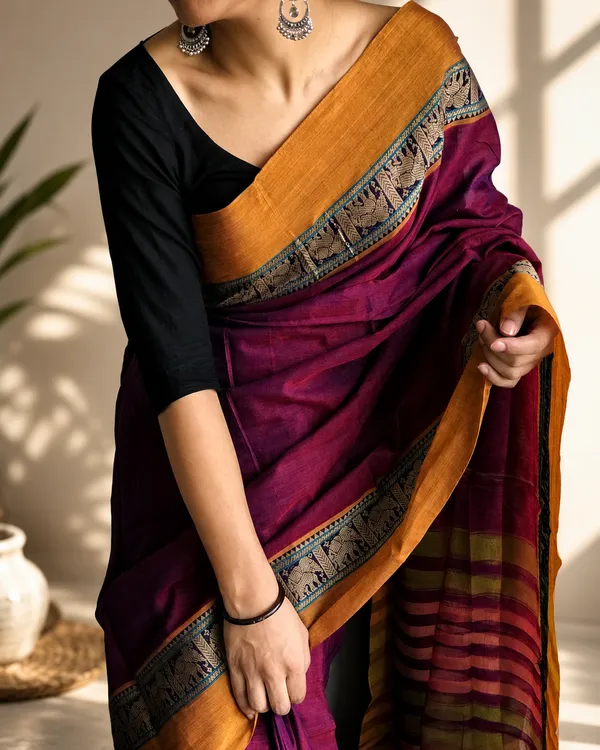 Aranya_Elephant_Border_Traditional_Handloom_Pure_Mercerized_Cotton_Saree_With_Running_Blouse_For_Women