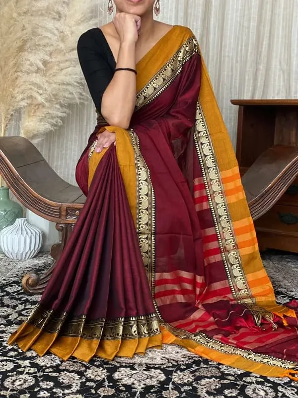 Aranya_Elephant_Border_Traditional_Handloom_Pure_Mercerized_Cotton_Saree_With_Running_Blouse_For_Women