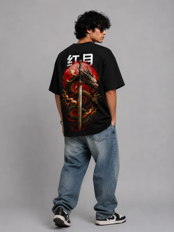 Black_Cotton_Oversized_Dragon_Samurai_Japanese_Graphic_T-Shirt_For_Unisex