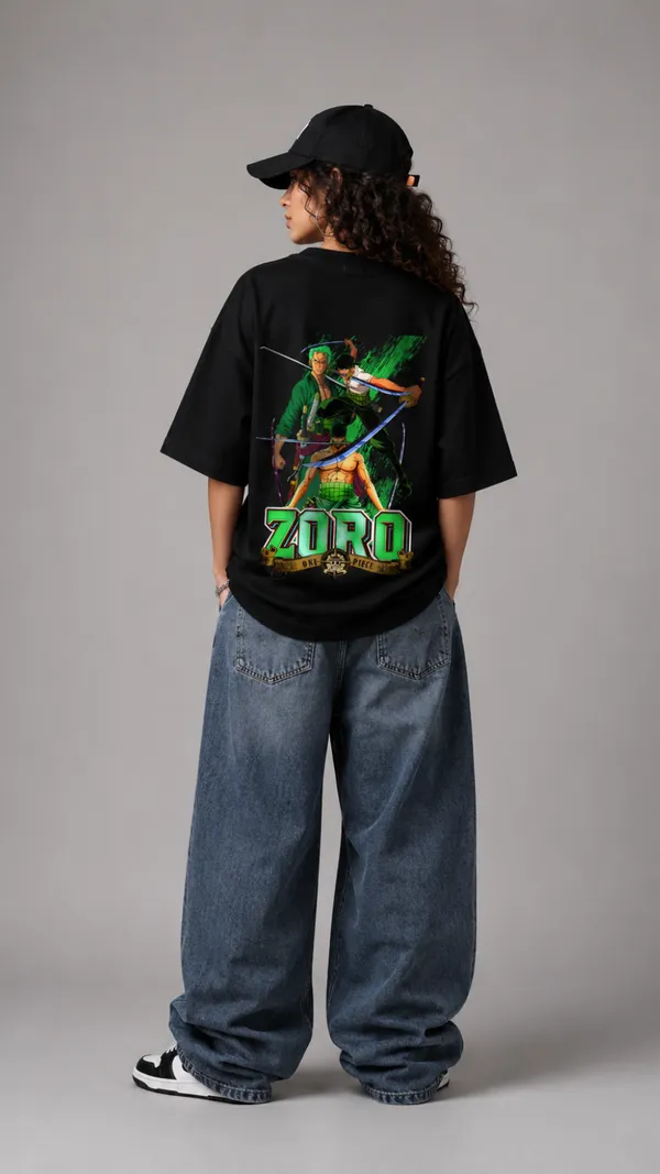 Black_Cotton_Oversized_Zoro_one_piece_Graphic_T-Shirt_For_Unisex