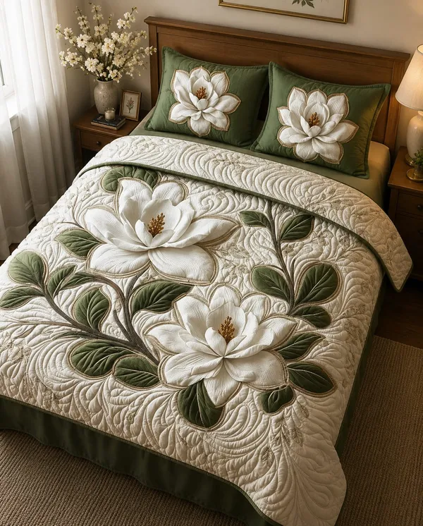 White_And_Green_Glace_Cotton_Bedsheet_Set_For_Home_Furnishing