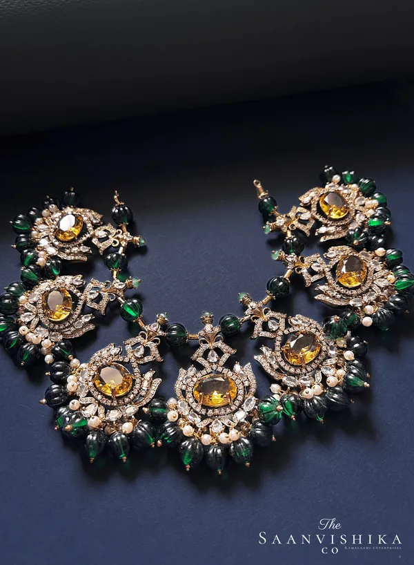 Yellow_Alloy_Victorian_Beads_Necklace_With_Earrings_For_Women
