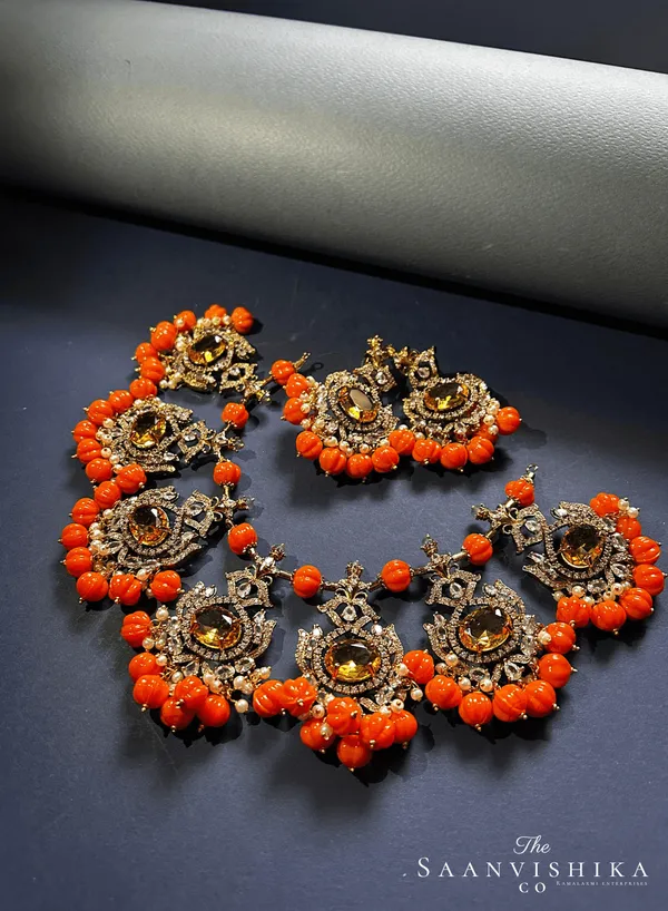 Orange_Alloy_Blend_Victorian_Beads_Necklace_With_Earrings_For_Women