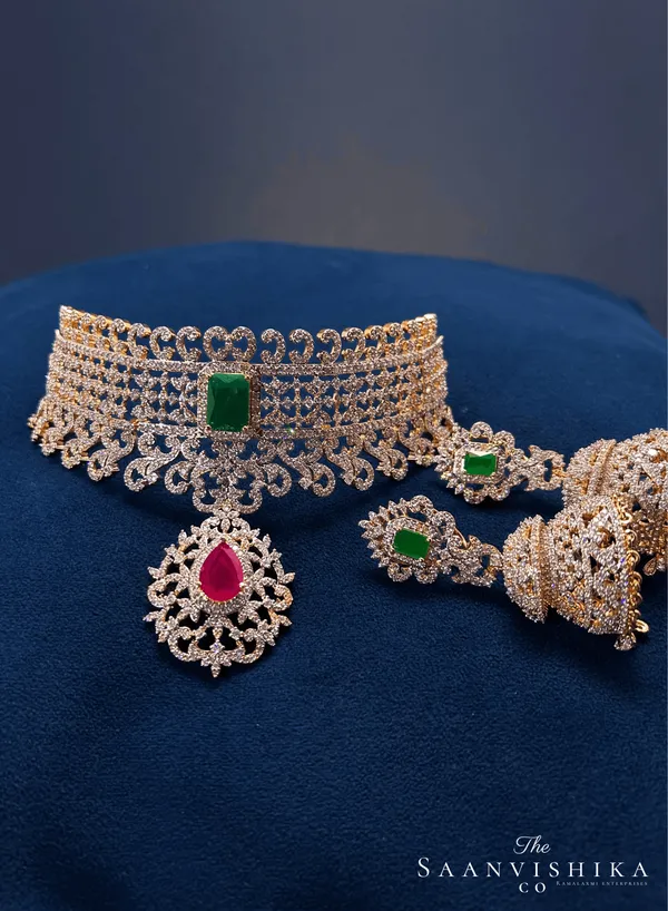 Multicolor_Alloy_Diamond_Replica_Close_Neck_Choker_Set_For_Women