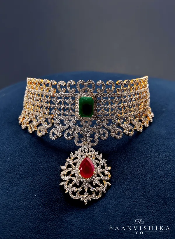 Multicolor_Alloy_Diamond_Replica_Close_Neck_Choker_Set_For_Women