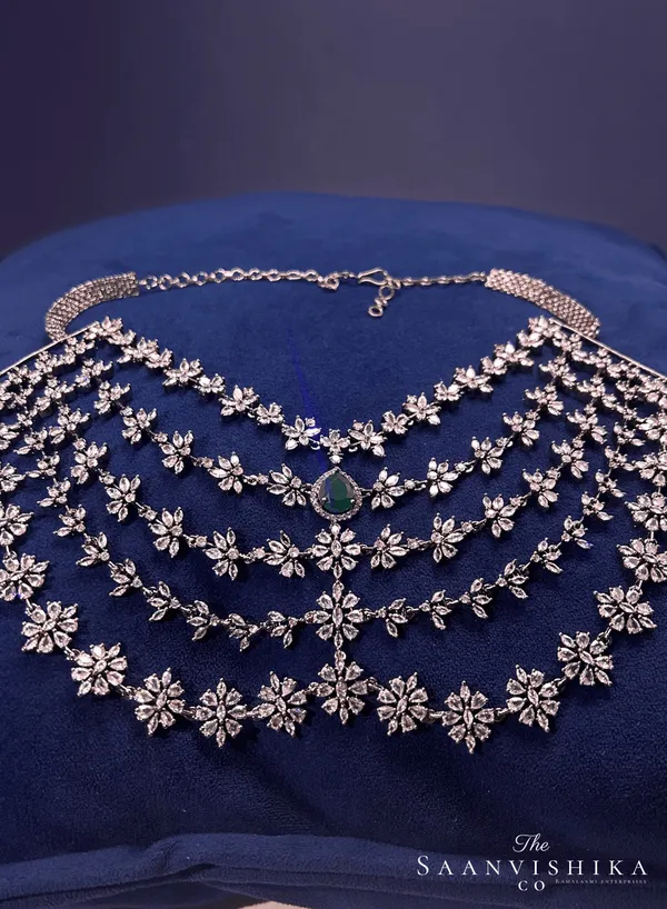 Green_Alloy_5_Layer_Victorian_Diamond_Necklace_With_Earrings_For_Women