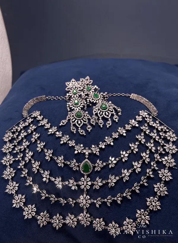 Green_Alloy_5_Layer_Victorian_Diamond_Necklace_With_Earrings_For_Women