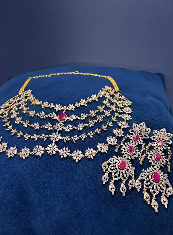 Red_Alloy_Blend_5-Layer_Diamond_Necklace_With_Earrings_For_Women