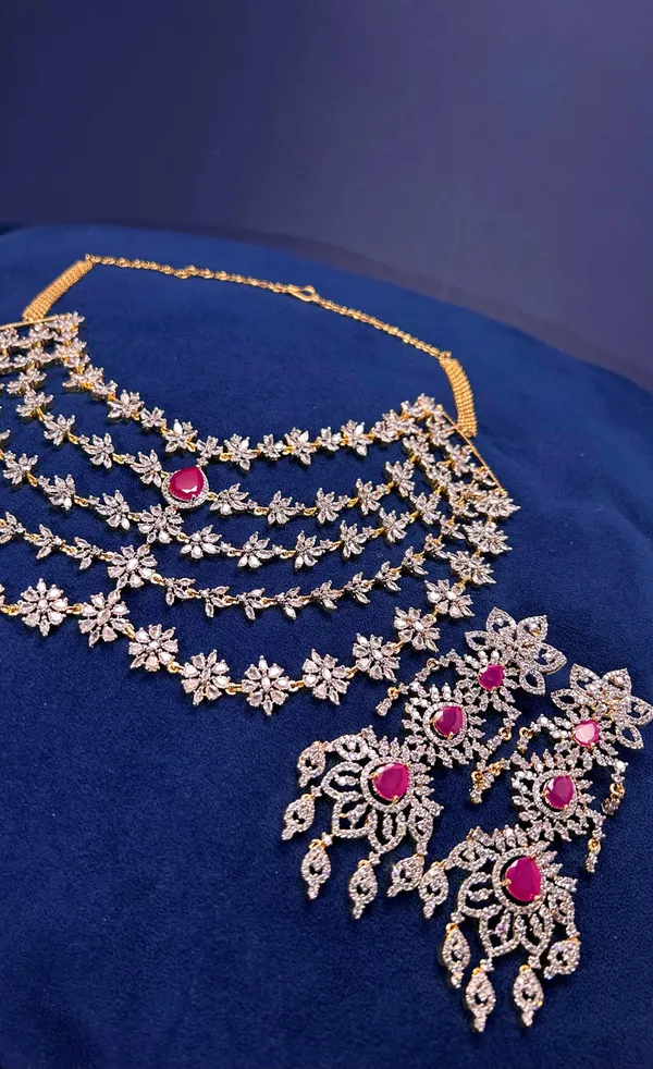 Red_Alloy_Blend_5-Layer_Diamond_Necklace_With_Earrings_For_Women
