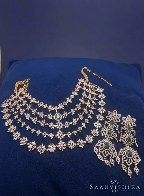 Green_Alloy_Blend_5-Layer_Diamond_Necklace_With_Earrings_For_Women