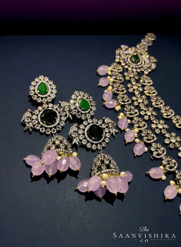 Pink_Green_Alloy_Triple_Gemstone_Beads_Diamond_Necklace_For_Women