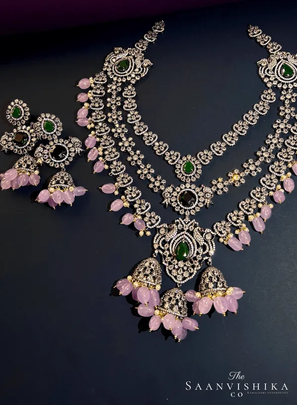 Pink_Green_Alloy_Triple_Gemstone_Beads_Diamond_Necklace_For_Women