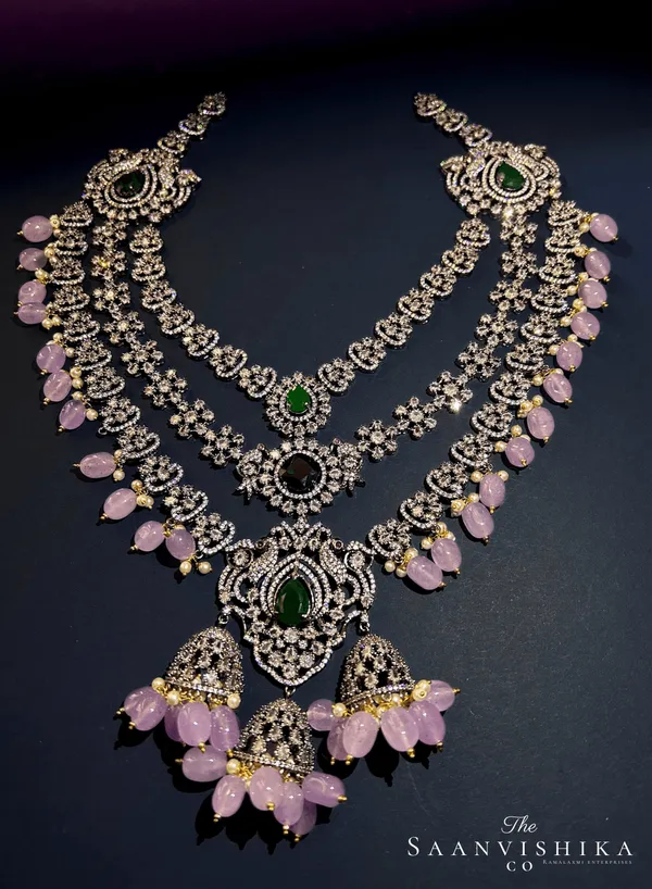 Pink_Green_Alloy_Triple_Gemstone_Beads_Diamond_Necklace_For_Women