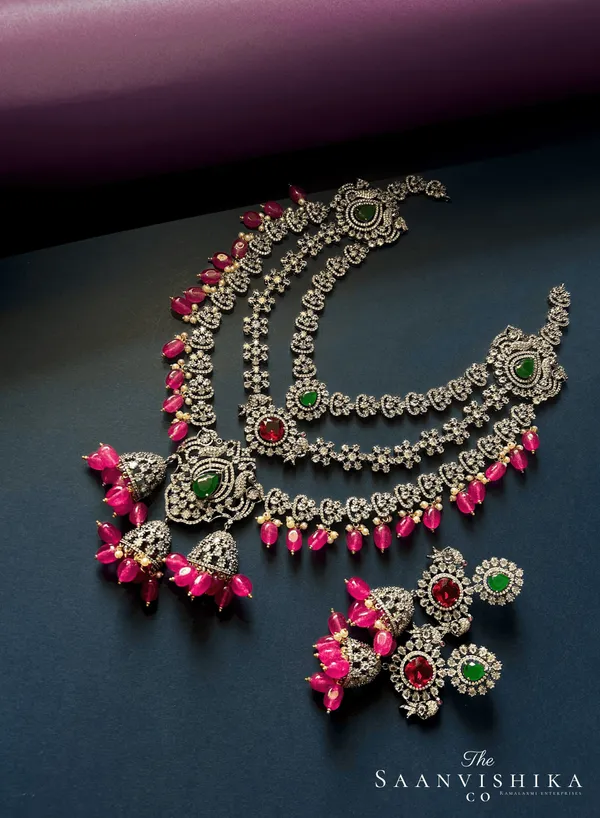 Pink_Alloy_Triple_Gemstone_Beads_Necklace_For_Women