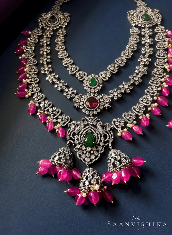 Pink_Alloy_Triple_Gemstone_Beads_Necklace_For_Women