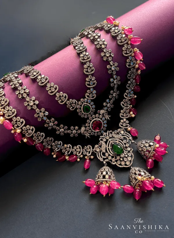 Pink_Alloy_Triple_Gemstone_Beads_Necklace_For_Women