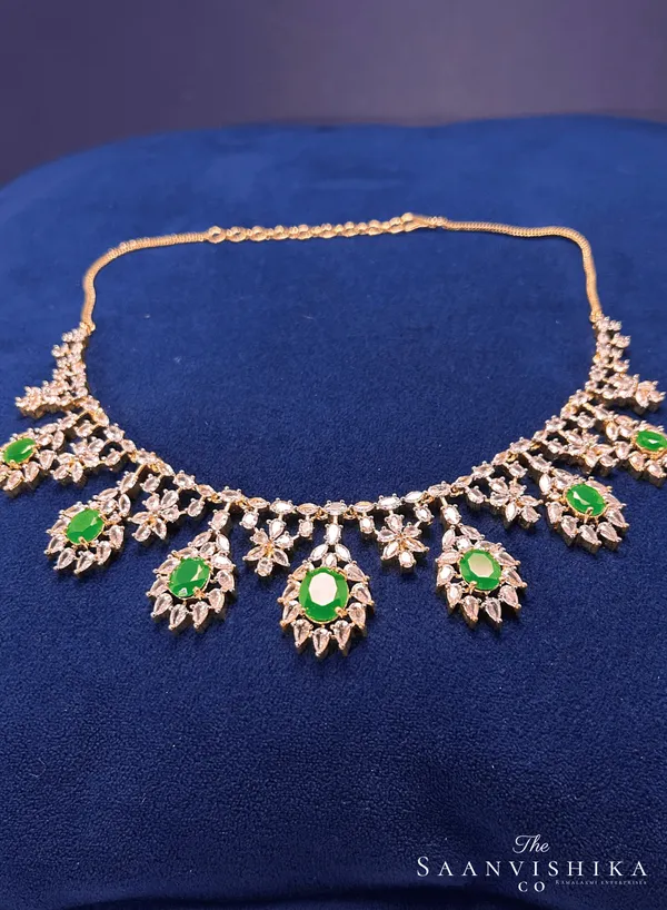 Green_Alloy_Blend_Hexagonal_Gem_Diamond_Necklace_With_Earrings_For_Women