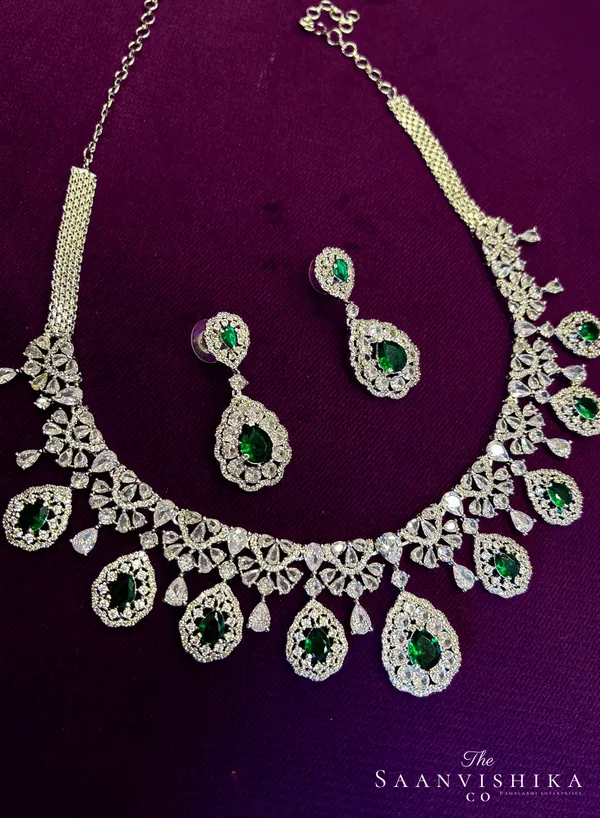 Green_Alloy_Hexagonal_Droplet_Necklace_With_Earrings_For_Women