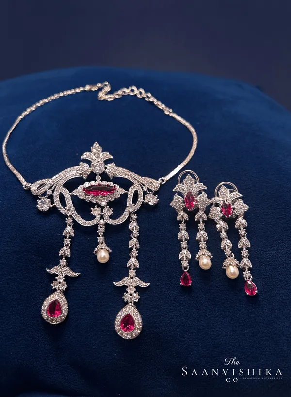 Red_Alloy_Pearl_Gemstone_Necklace_With_Earrings_For_Women