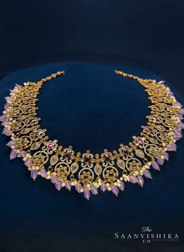 Purple_Alloy_Beaded_Gold_Haram_Set_With_Earrings_For_Women