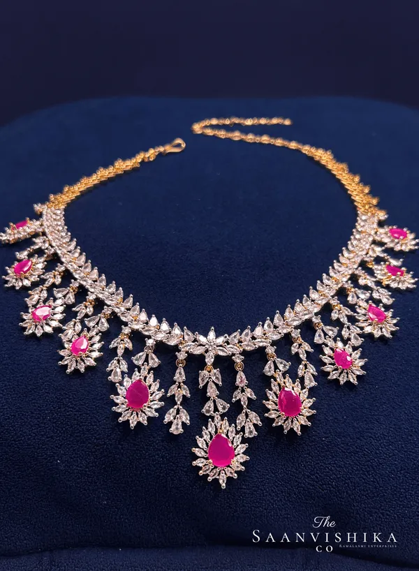 Pink_Alloy_Droplet_Diamond_Necklace_With_Earrings_For_Women