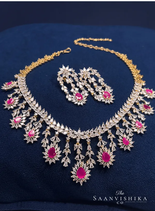 Pink_Alloy_Droplet_Diamond_Necklace_With_Earrings_For_Women