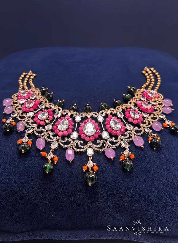 Pink_Alloy_Beaded_Necklace_With_Earrings_For_Women
