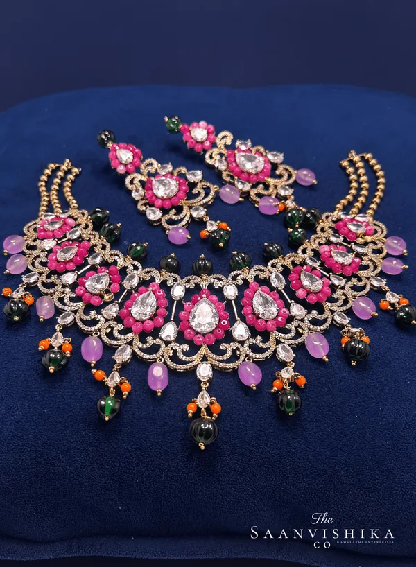 Pink_Alloy_Beaded_Necklace_With_Earrings_For_Women