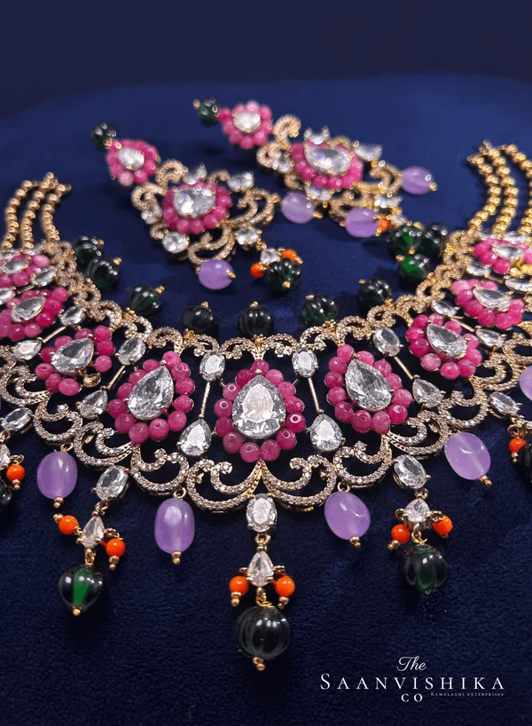 Pink_Alloy_Beaded_Necklace_With_Earrings_For_Women