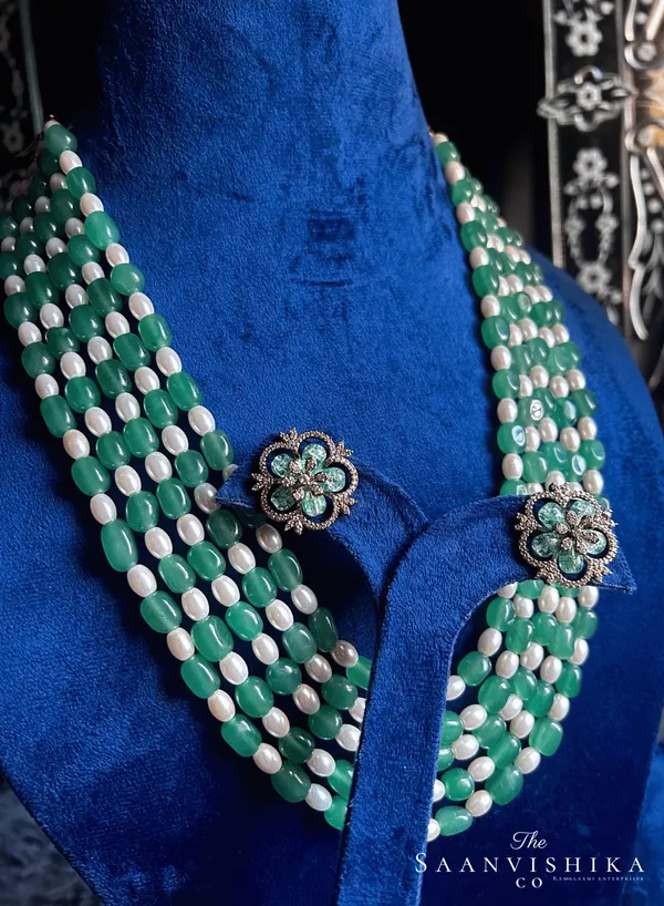 Green_Alloy_5-Line_Beaded_Mala_Necklace_Set_For_Women