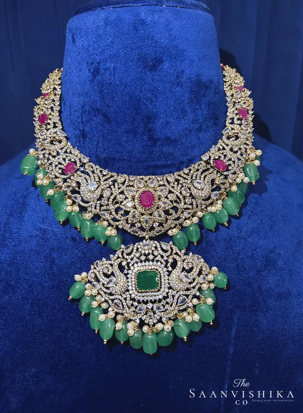 Green_Alloy_Detachable_Pendant_Beads_Necklace_Set_For_Women
