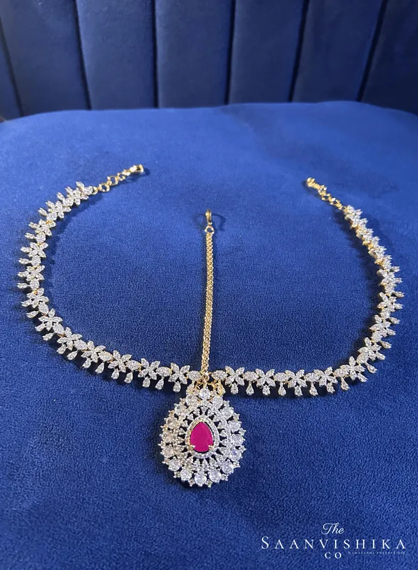 Red_Alloy_Droplet_Floral_Chain_Maang_Tikka_For_Women