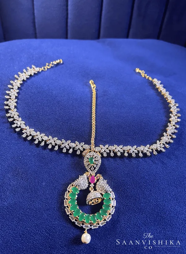 Green_Alloy_Dual_Peacock_Floral_Chain_Maang_Tikka_For_Women